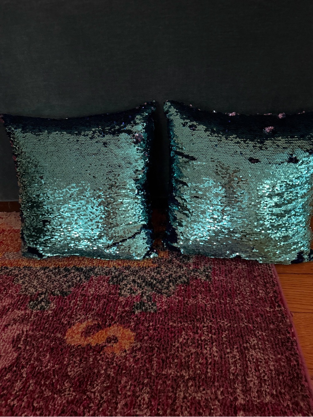 Flip sequin pillows. One side turquoise. One side purple